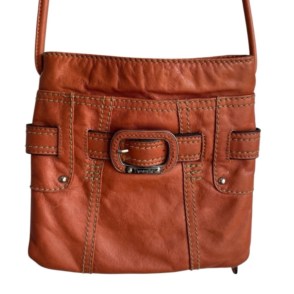 Tignanello Leather Crossbody Bag Small Orange Travel Purse Card Organizer EUC